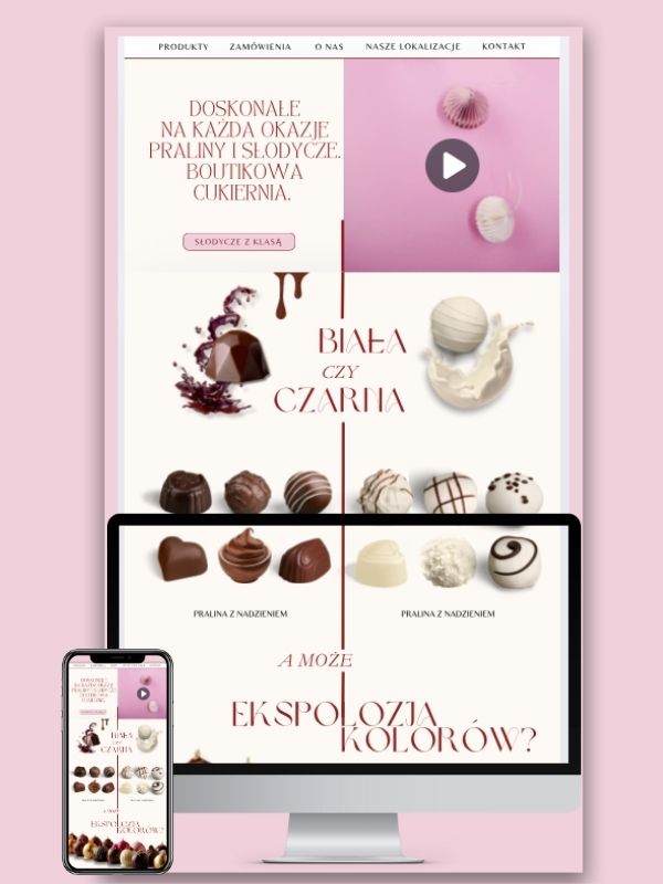 Produkt bonboneria cukiernia , storna główna strony internetowej oraz moackupy na komputer i telefon